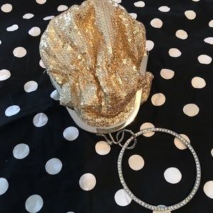 Evening bag gold sequin pouch with ring handle